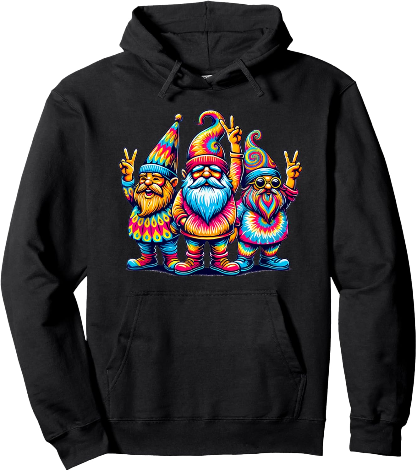 Silly Retro Gnomes Colorful Peace Sign Hippie Love Adults Hoodie - Hoodie | Black
