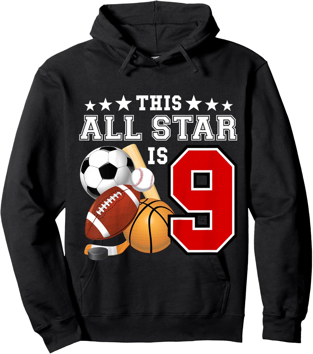 Kids 9 Year Old Sports Star Birthday Party All Sport 9th Gift Hoodie - Hoodie | Black