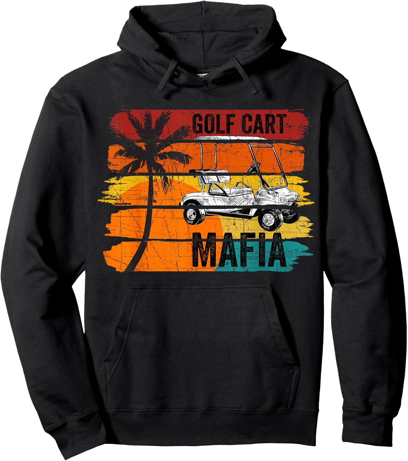 Vintage Retro Golf Cart Mafia with Sunset and Palm Tree Hoodie - Hoodie | Black