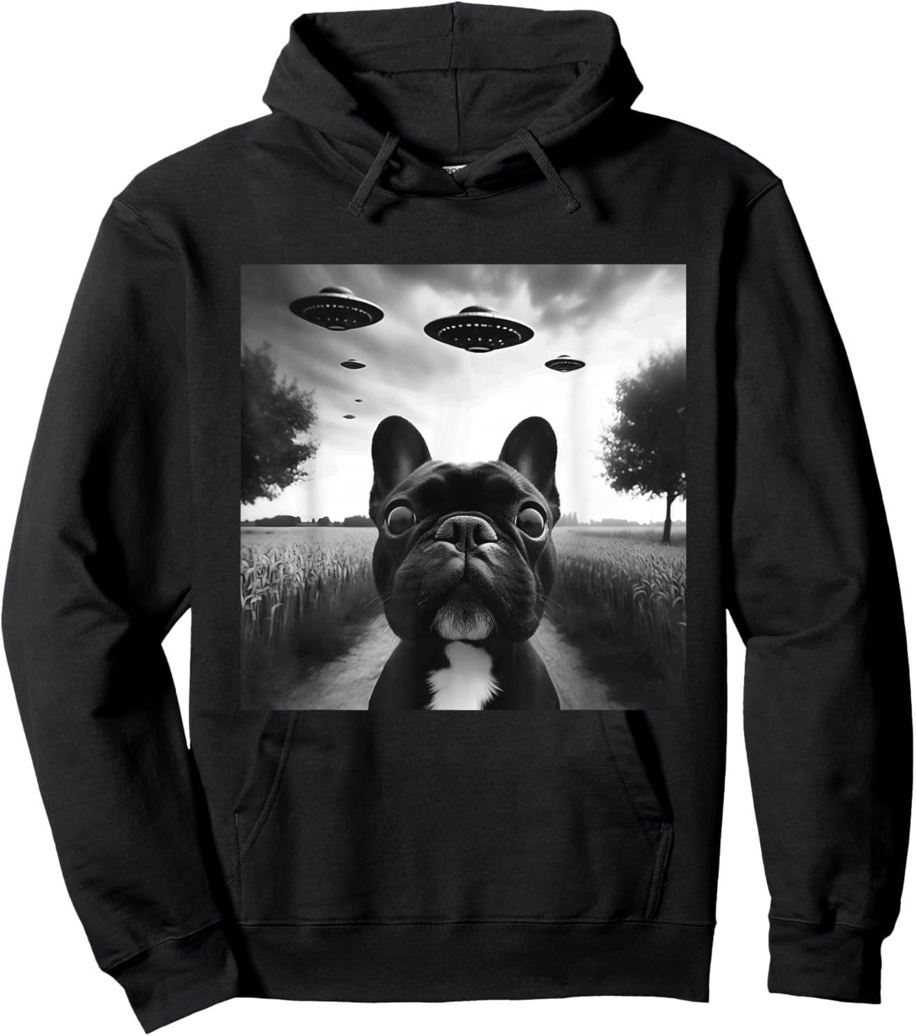 French Bulldog Funny Graphic Selfie with UFOs Weird Aliens Hoodie - Hoodie | Black