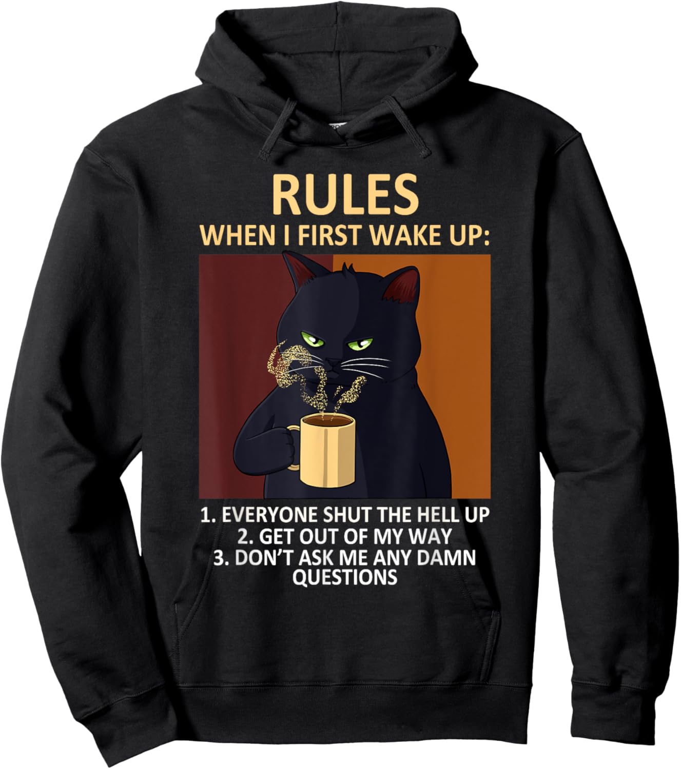 Cat Drinking Coffee Kitten Lover Funny Rules Pet Owner Hoodie - Hoodie | Black