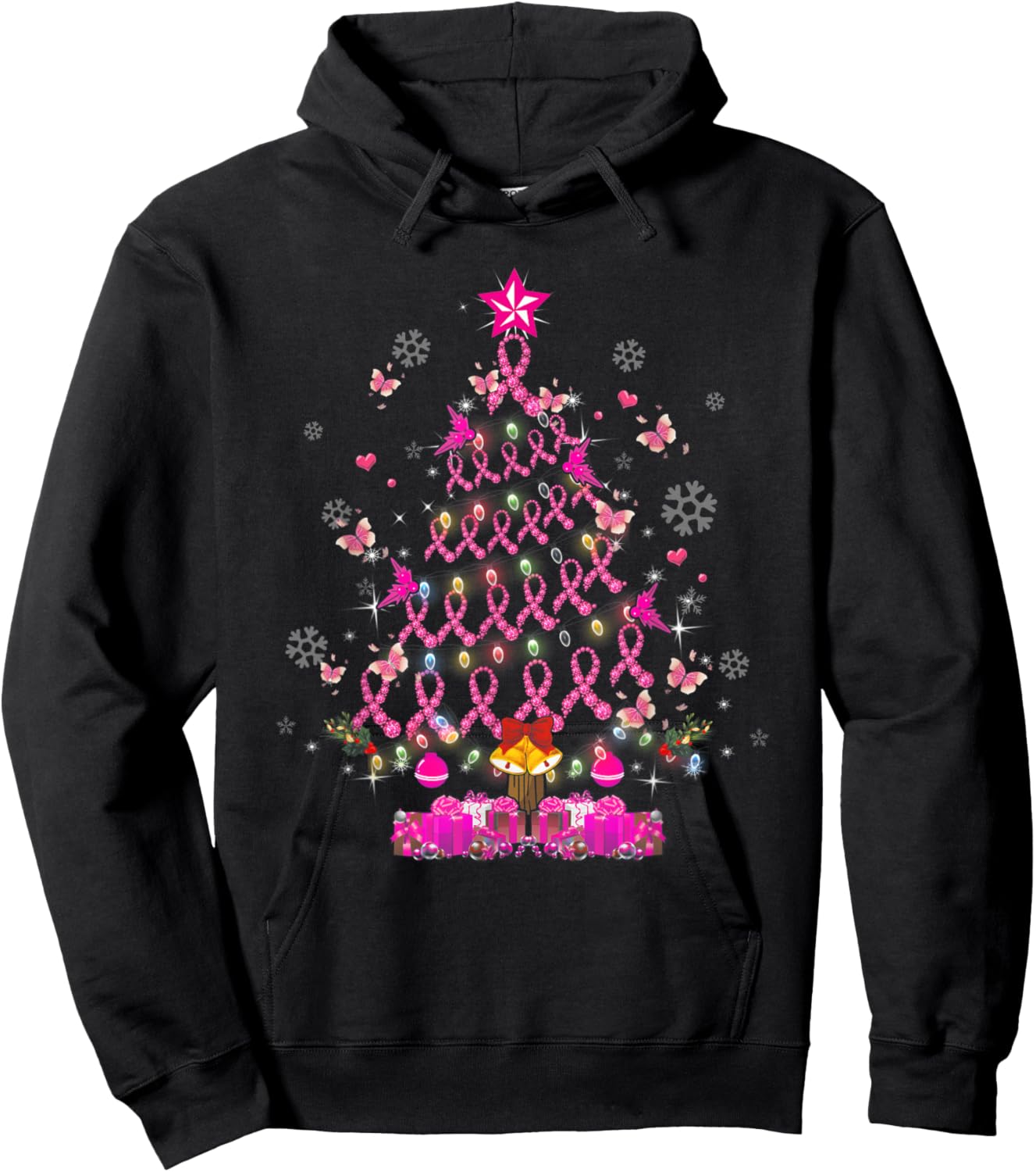 Breast Cancer Awareness Decoration Christmas Tree Snowflakes Hoodie - Hoodie | Black
