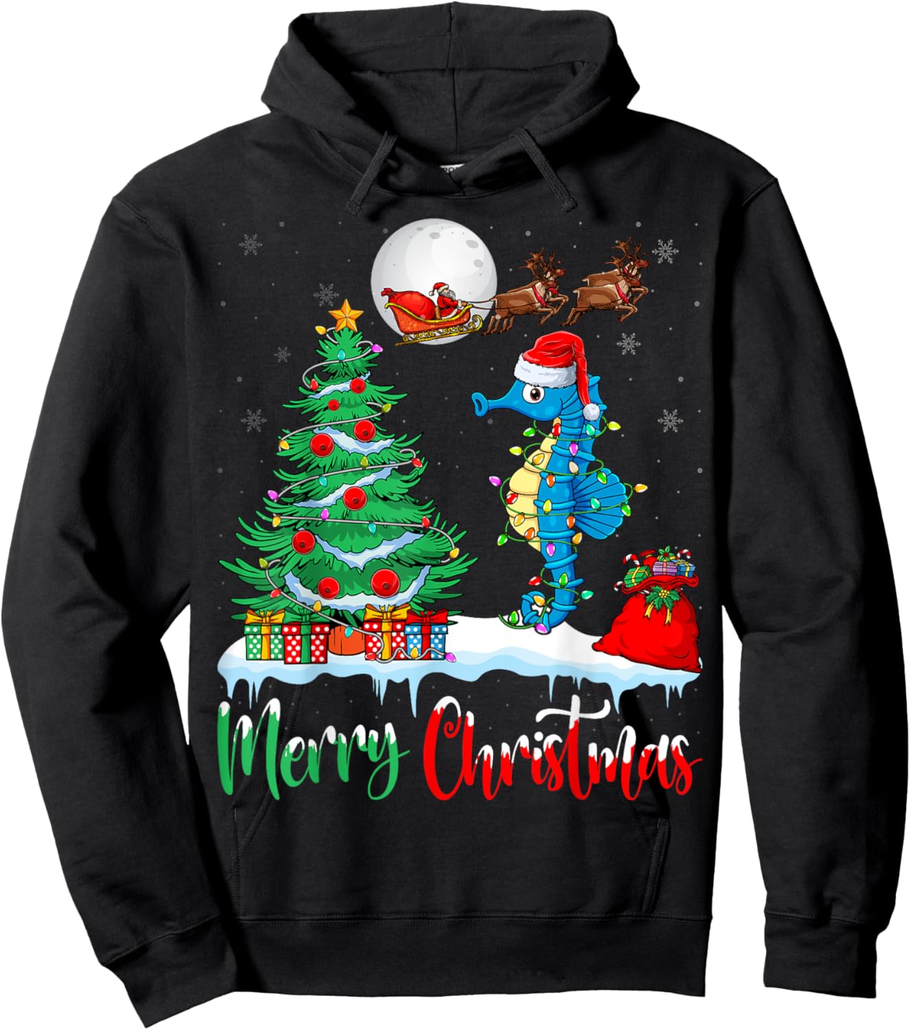 Seahorse Santa Hat Xmas Lights Merry Christmas Seahorse Hoodie - Hoodie | Black
