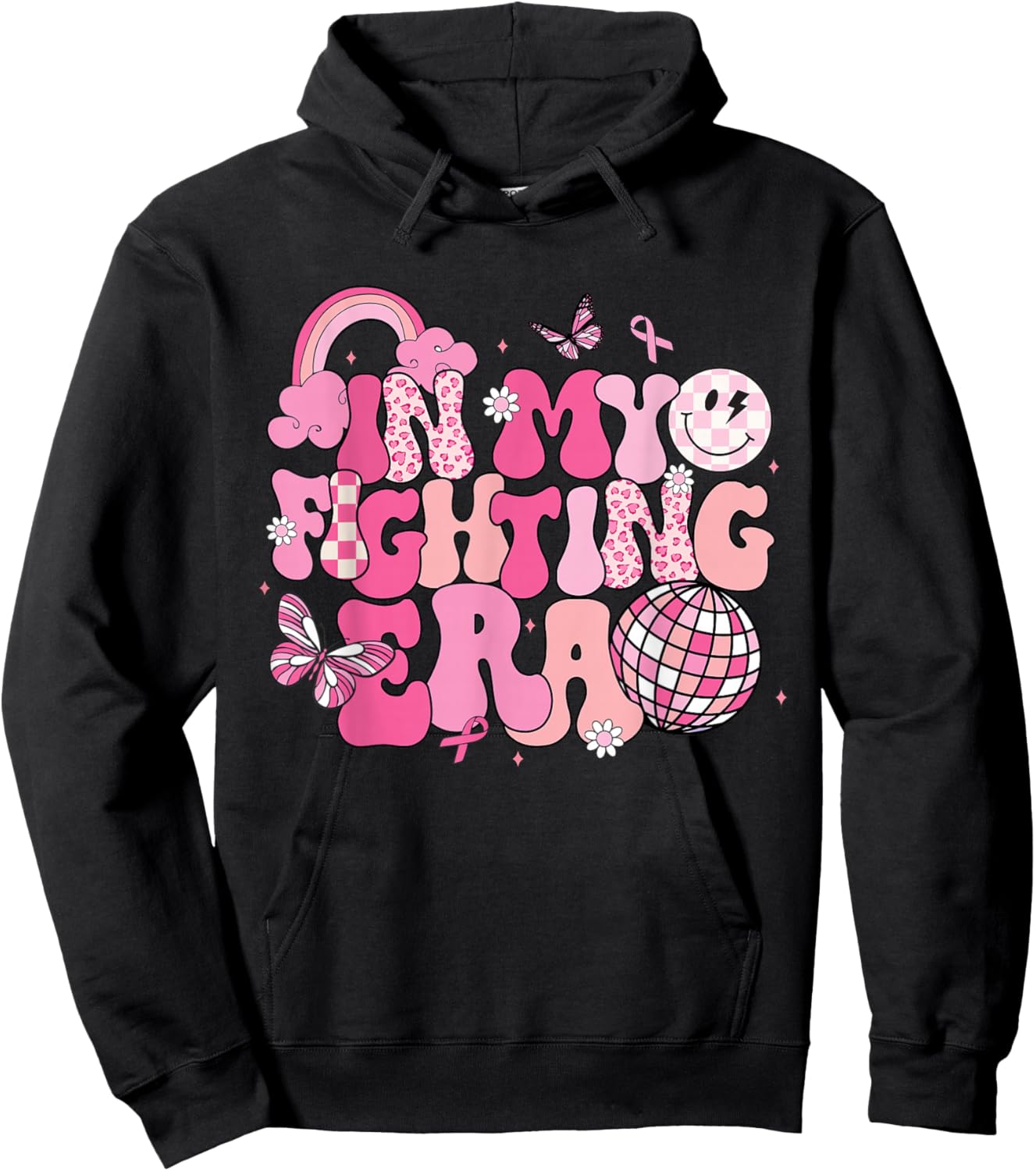 Retro Groovy In My Fighting Era Breast Cancer Awareness Hoodie - Hoodie | Black