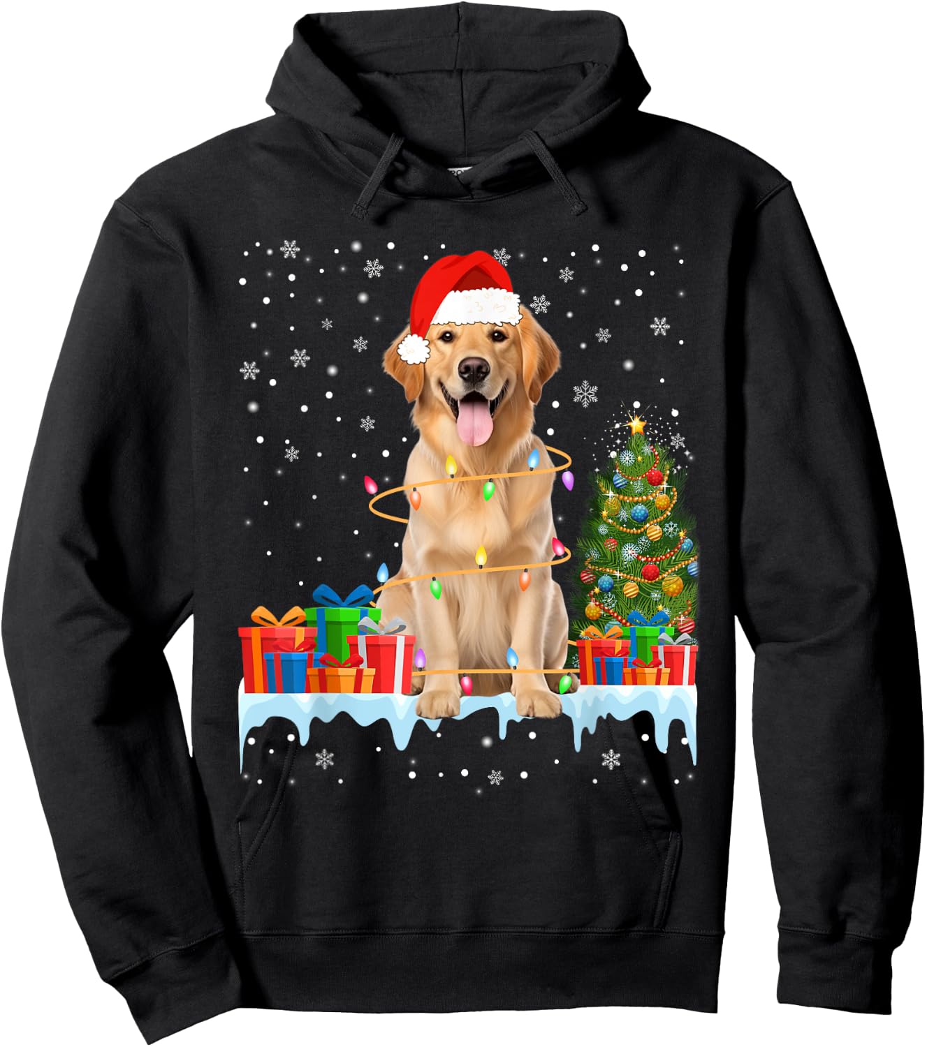 Santa Golden Retriever Dog Christmas Lights Xmas Pajamas Men Women Kids Hoodie - Hoodie | Black