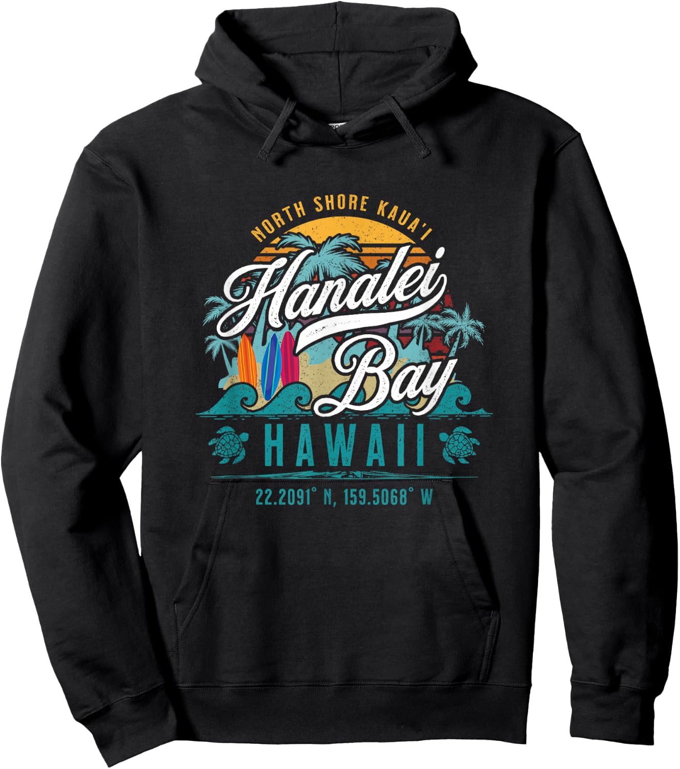 Hanalei Bay North Shore Kauai Hawaii Retro Sun Surf Fishing Hoodie - Hoodie | Black