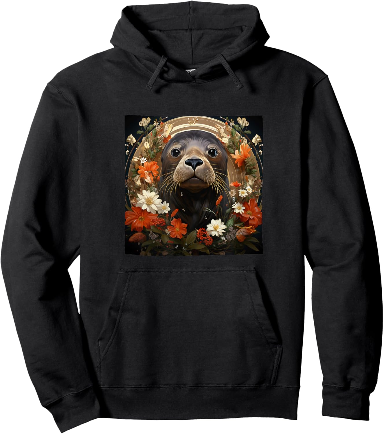 Seal With Flowers Around Boho Style Graphic Hoodie - Hoodie | Black