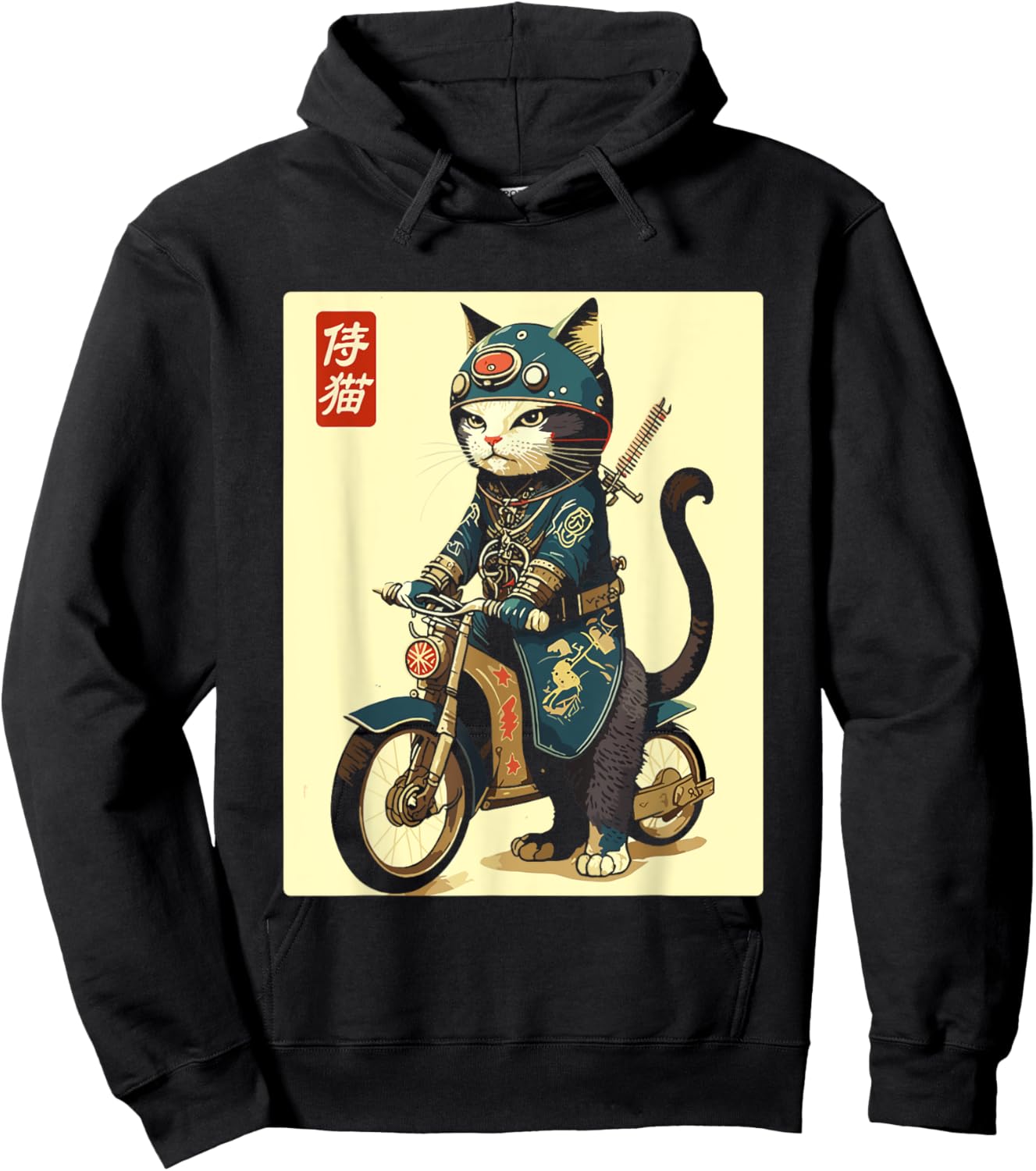 Japanese Samurai Cat on Motorcycle Kawaii Ninja Cat Women Kids Hoodie - Hoodie | Black