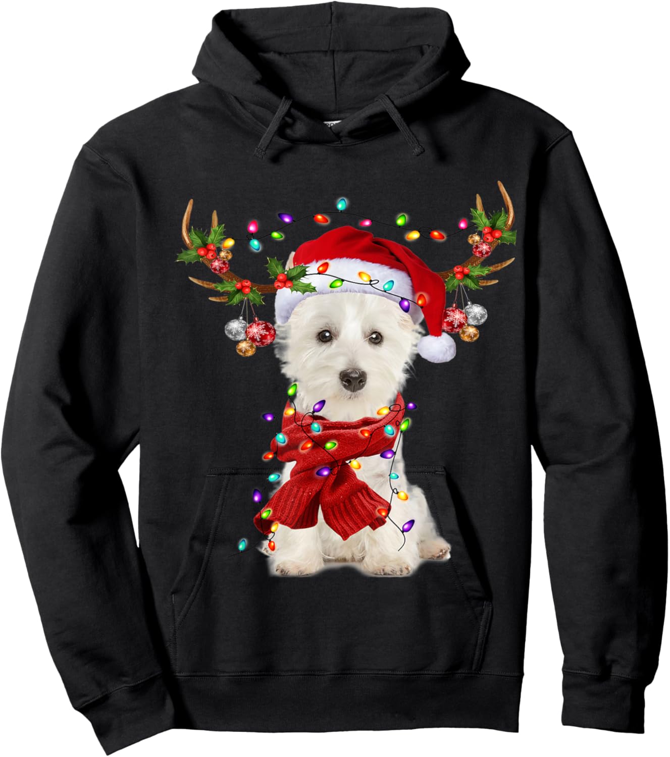 Santa Westie Dog Reindeer Christmas Lights Men Women Kids Hoodie - Hoodie | Black