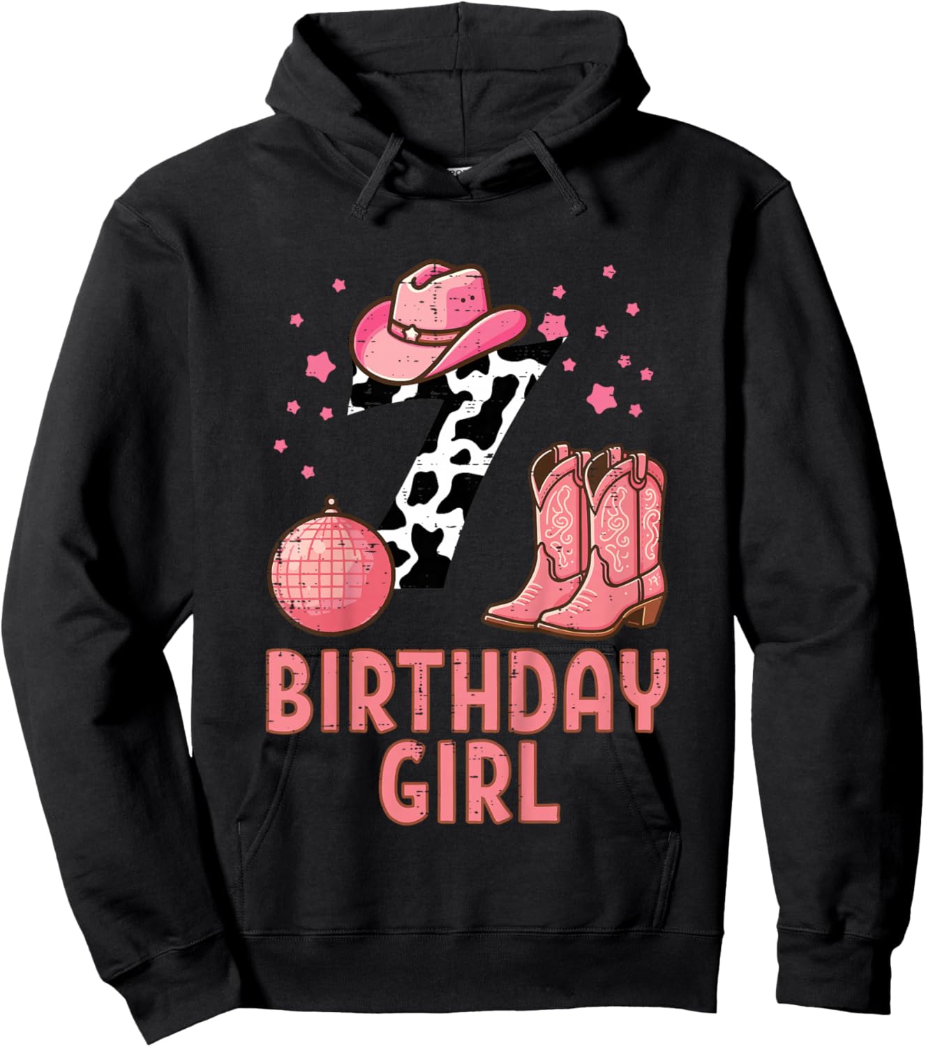 7th Birthday Cow Pattern Cowgirl 7 Year Old Bday Girls Kids Hoodie - Hoodie | Black