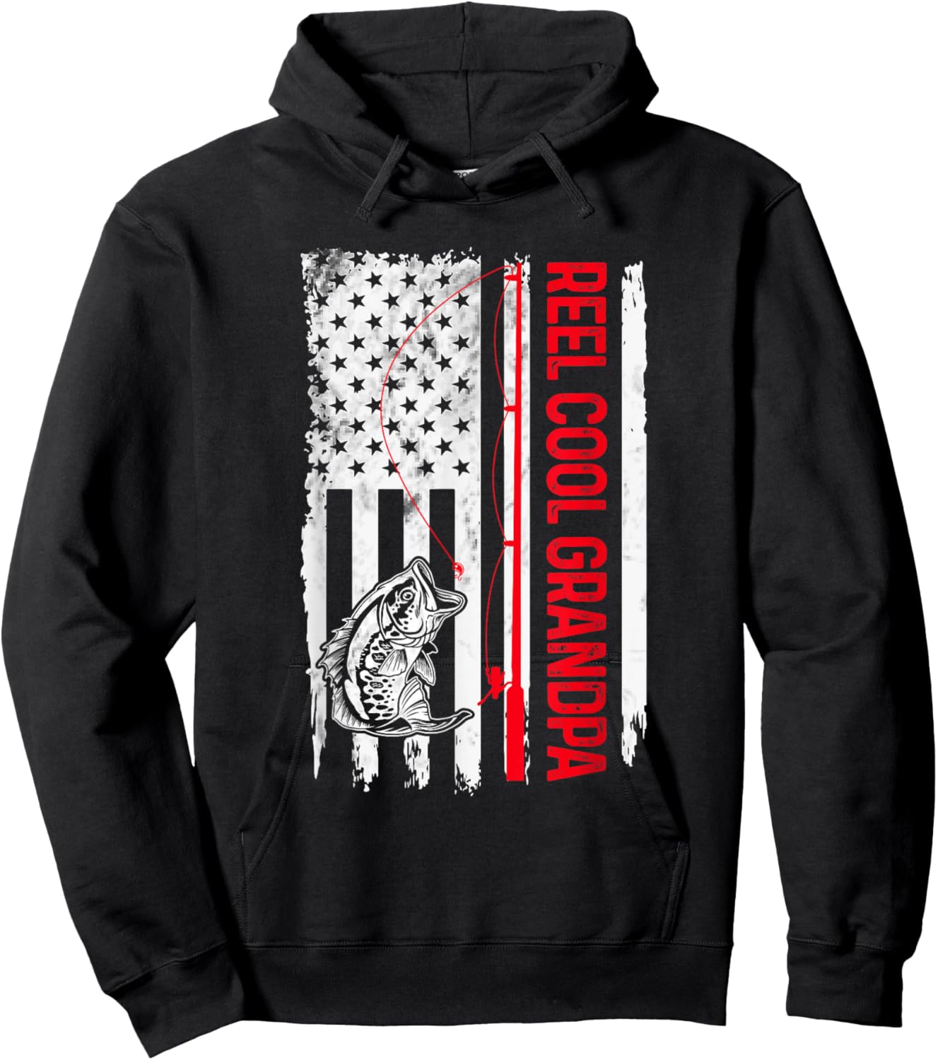 Reel Cool Grandpa Fishing American Flag Funny Papa Dad Hoodie - Hoodie | Black
