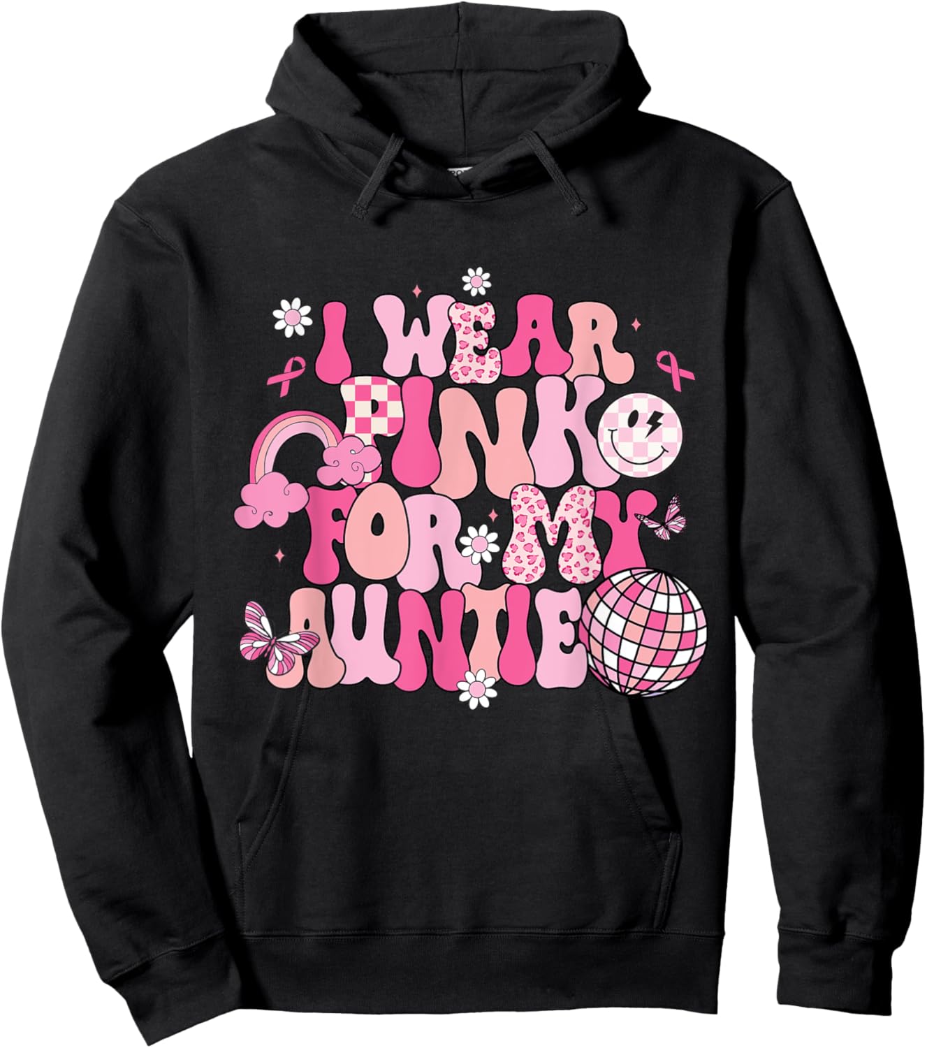 Groovy I Wear Pink For My Auntie Breast Cancer Awareness Hoodie - Hoodie | Black