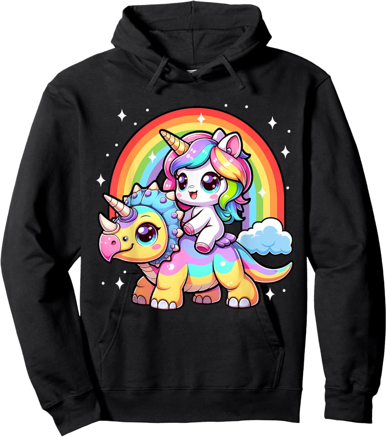 Cute Unicorn Riding Dinosaur Triceratops Girls Kids Rainbow Hoodie - Hoodie | Black