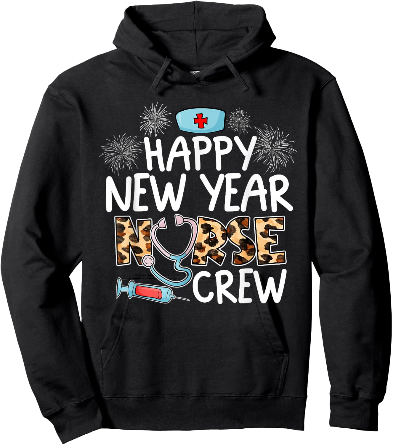 Happy New Year Nurse Crew Stethoscope Leopard NYE Party Hoodie - Hoodie | Black