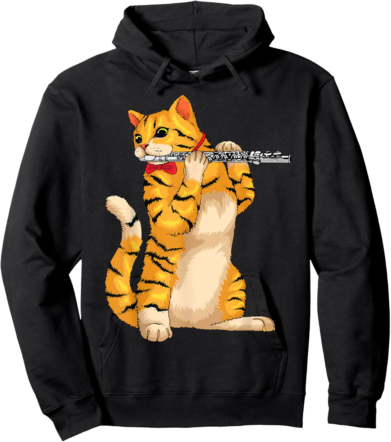 Funny Cat Playing Flute | Cool Animal Musician Fluter Gift Hoodie - Hoodie | Black
