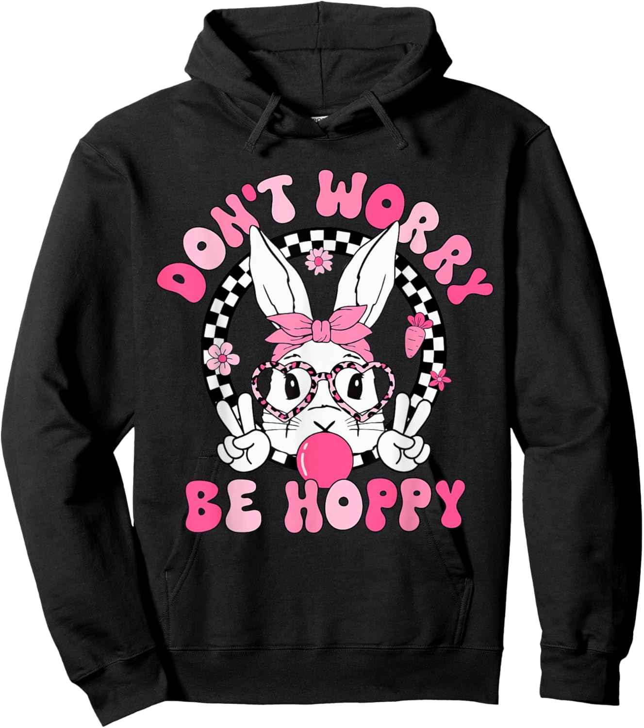 Happy Easter Groovy Bunny Face Don't Worry Be Hoppy Women Hoodie - Hoodie | Black