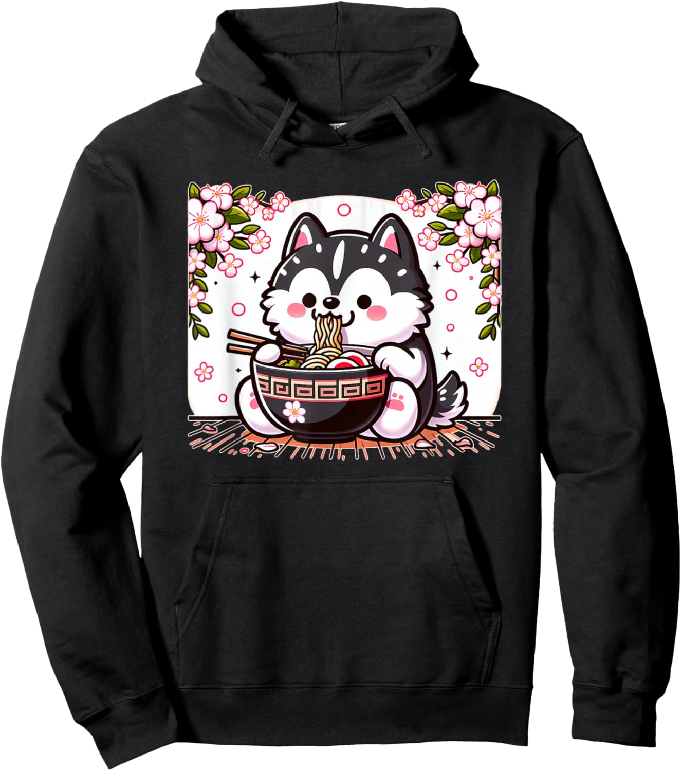 Kawaii Husky dog Eating Ramen Hoodie - Hoodie | Black