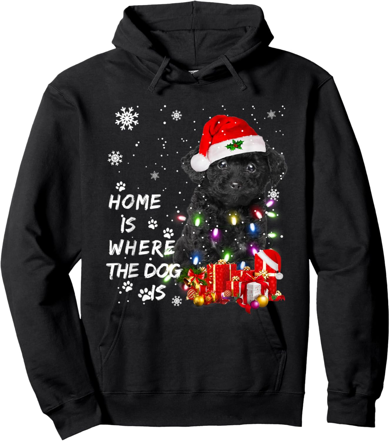 Black Poodle dog Santa Christmas Tree Lights Xmas Boys Dog Hoodie - Hoodie | Black