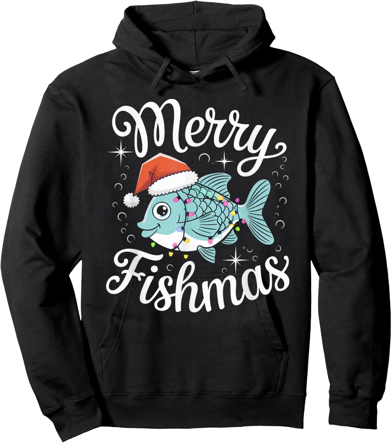 Merry Fishmas Cute Fish Christmas Decor with Santa Hat and Hoodie - Hoodie | Black