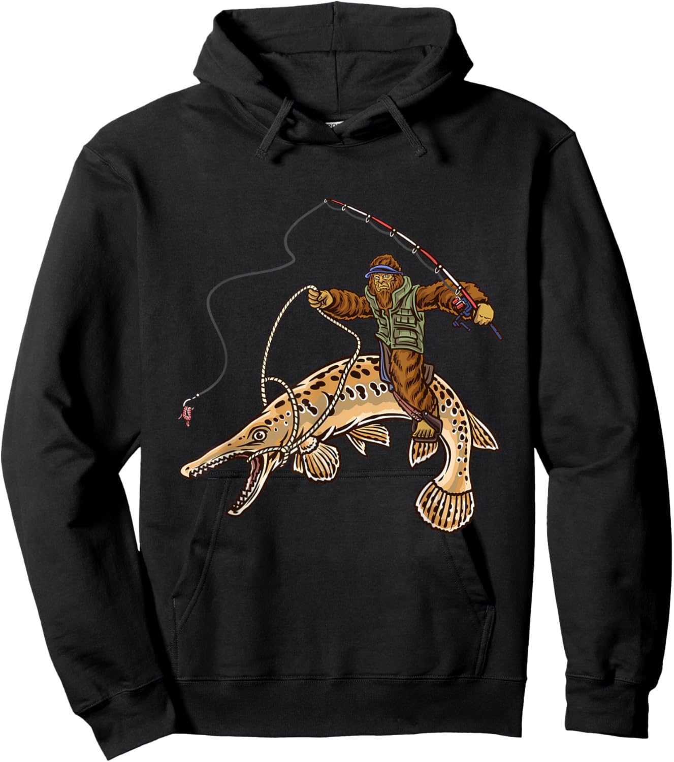 Alligator Gar Fishing Bigfoot Fisherman , Small, Black Hoodie - Hoodie | Black