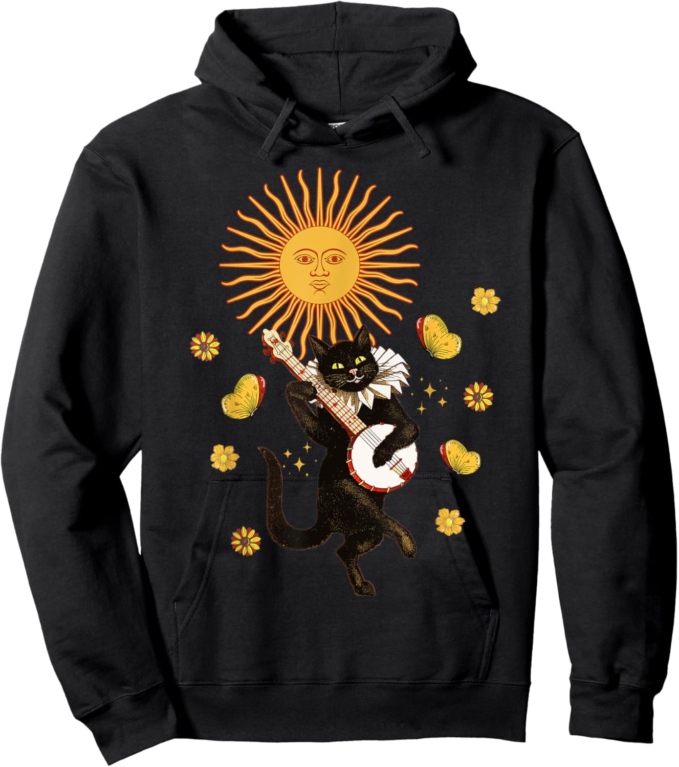 Medieval Jester Cat Playing Banjo Women Girls Kids Hoodie - Hoodie | Black