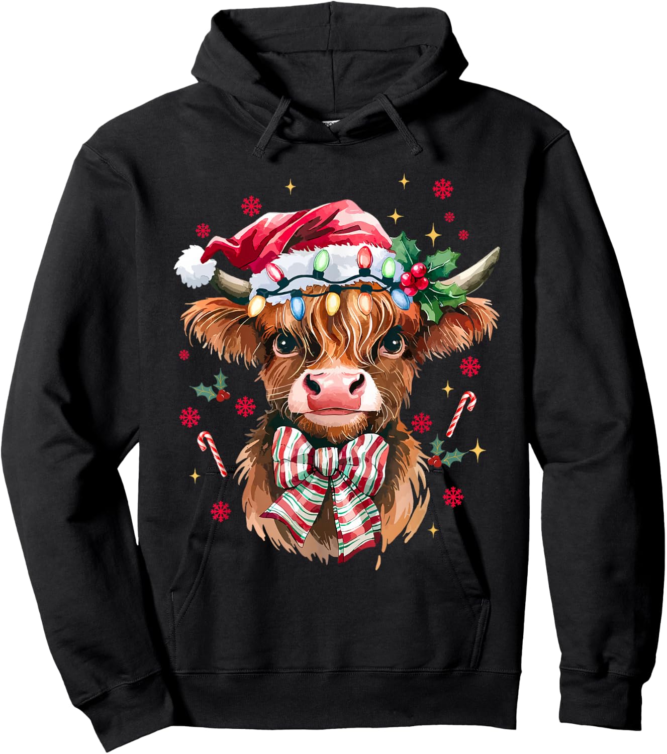 Coquette Christmas Western Highland Cow Santa Xmas Holiday Hoodie - Hoodie | Black