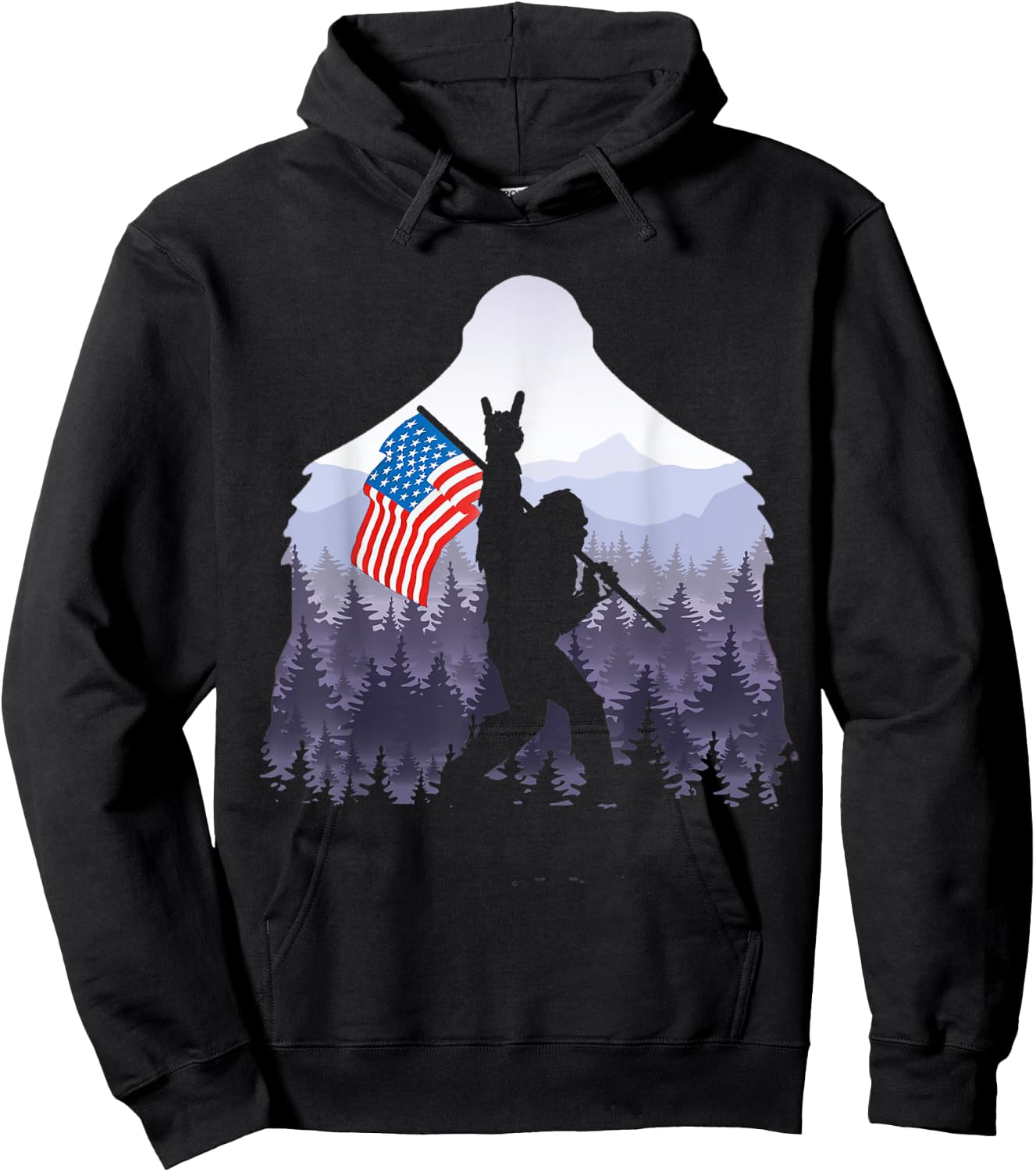 USA flag Bigfoot Victorty sign Peace in the forest camping Women Men Hoodie - Hoodie | Black