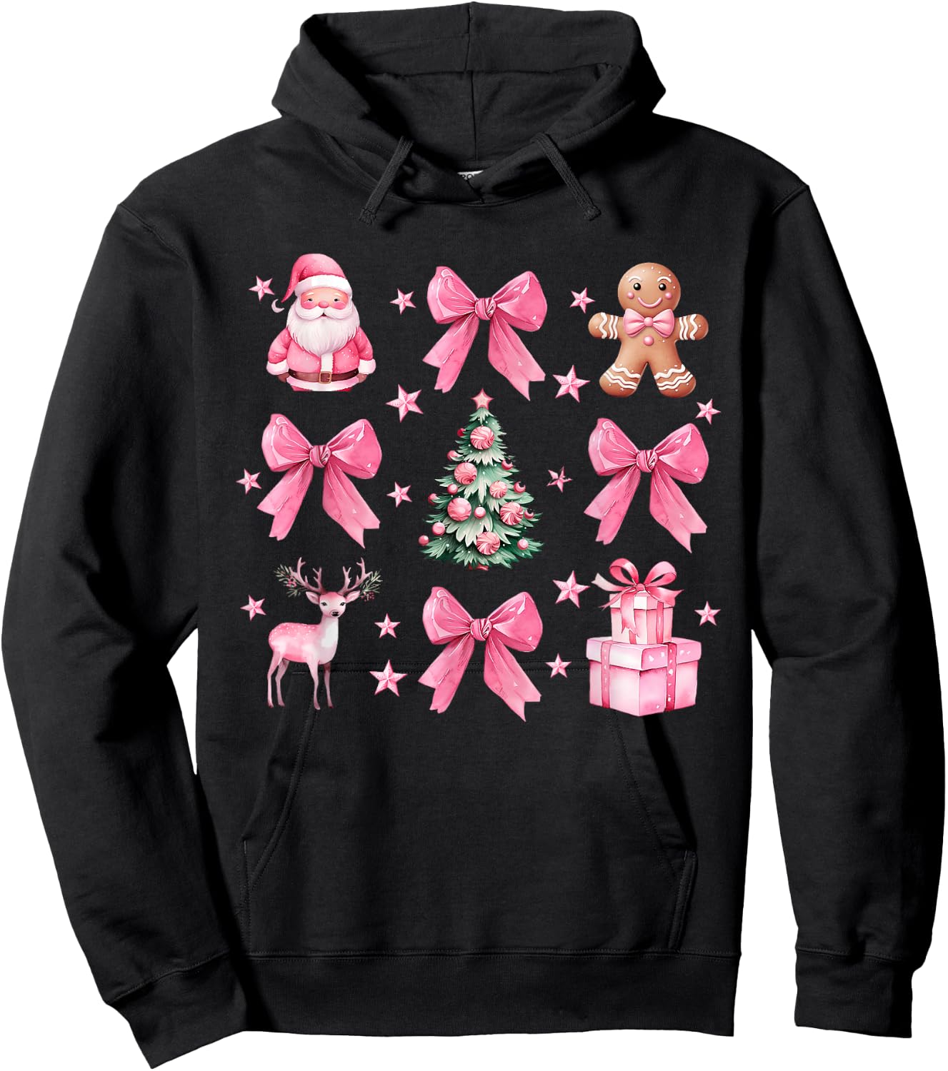 Cute Coquette Bow Pink Christmas Tree Santa Gingerbread Xmas Hoodie - Hoodie | Black