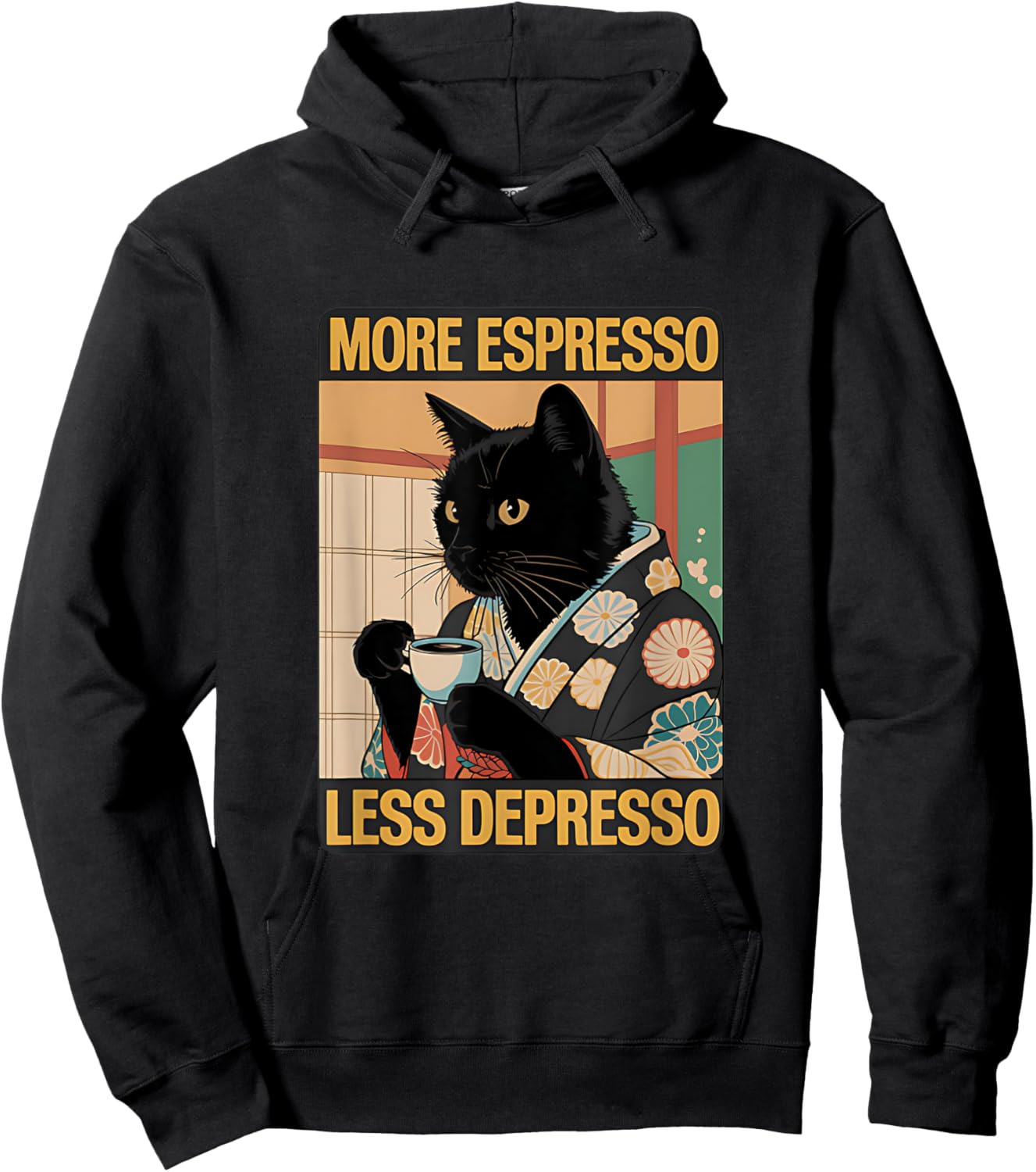More Espresso Less Depresso Japanese Funny Cat Hoodie - Hoodie | Black