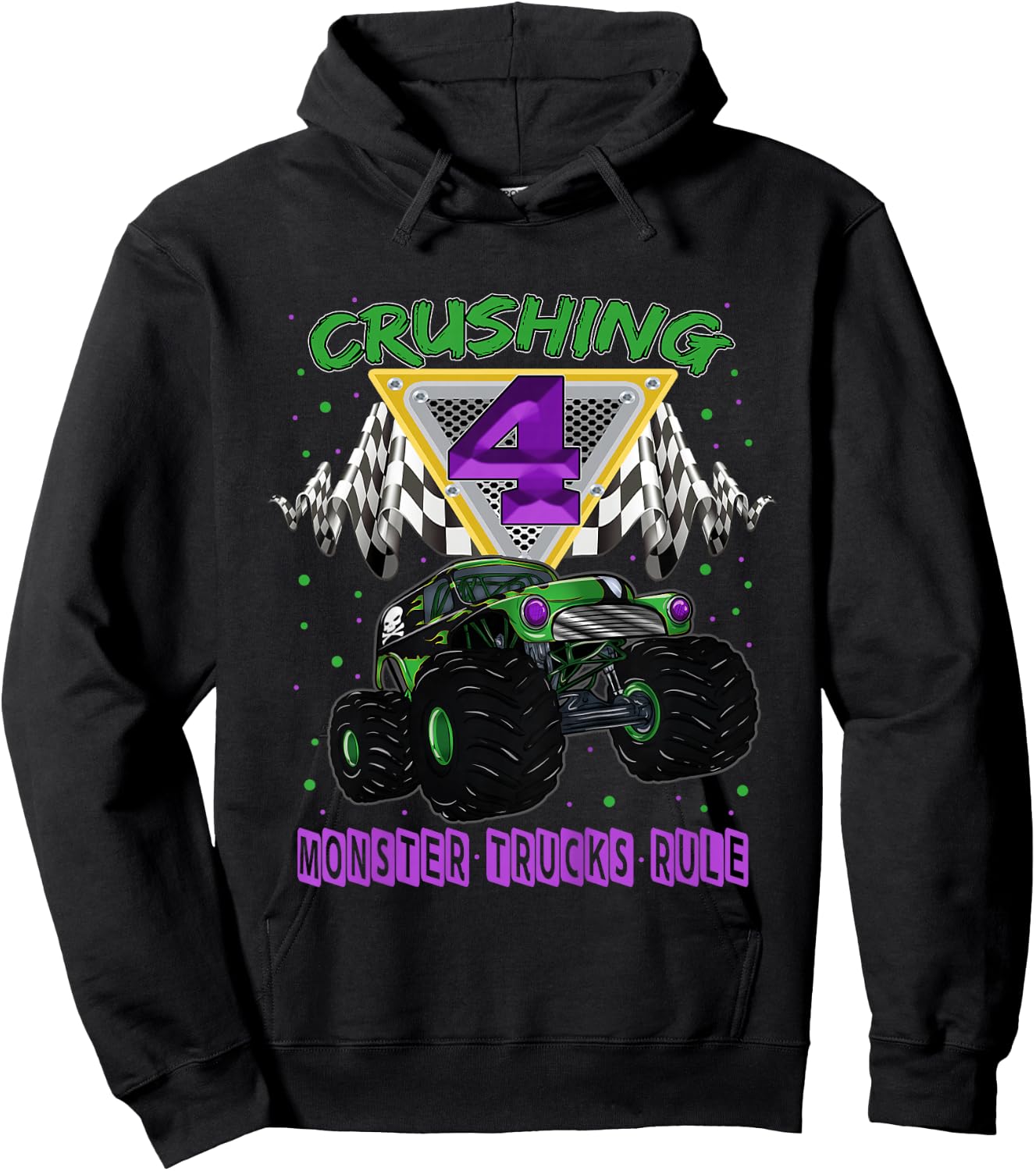 Monster Truck Crushing 4 Years Old Four 4th Birthday Hoodie - Hoodie | Black
