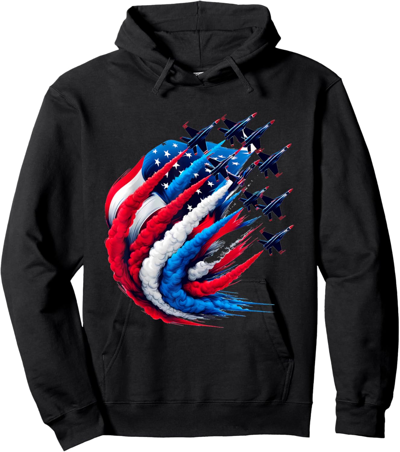 Red White and Blue Aviation Fighter Jet Smoke American Flag Women Men Hoodie - Hoodie | Black