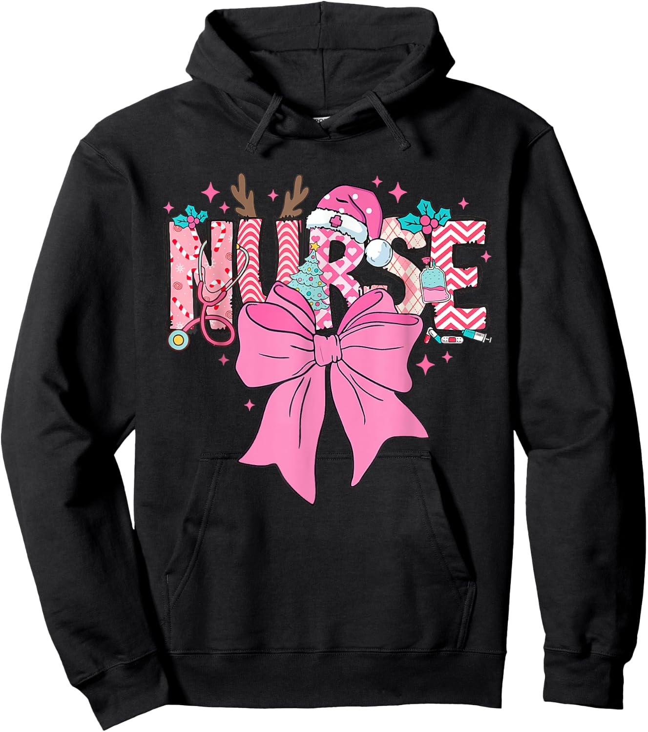 Coquette Nurse Christmas Nursing Pink Tone Bow Xmas Plaid Hoodie - Hoodie | Black