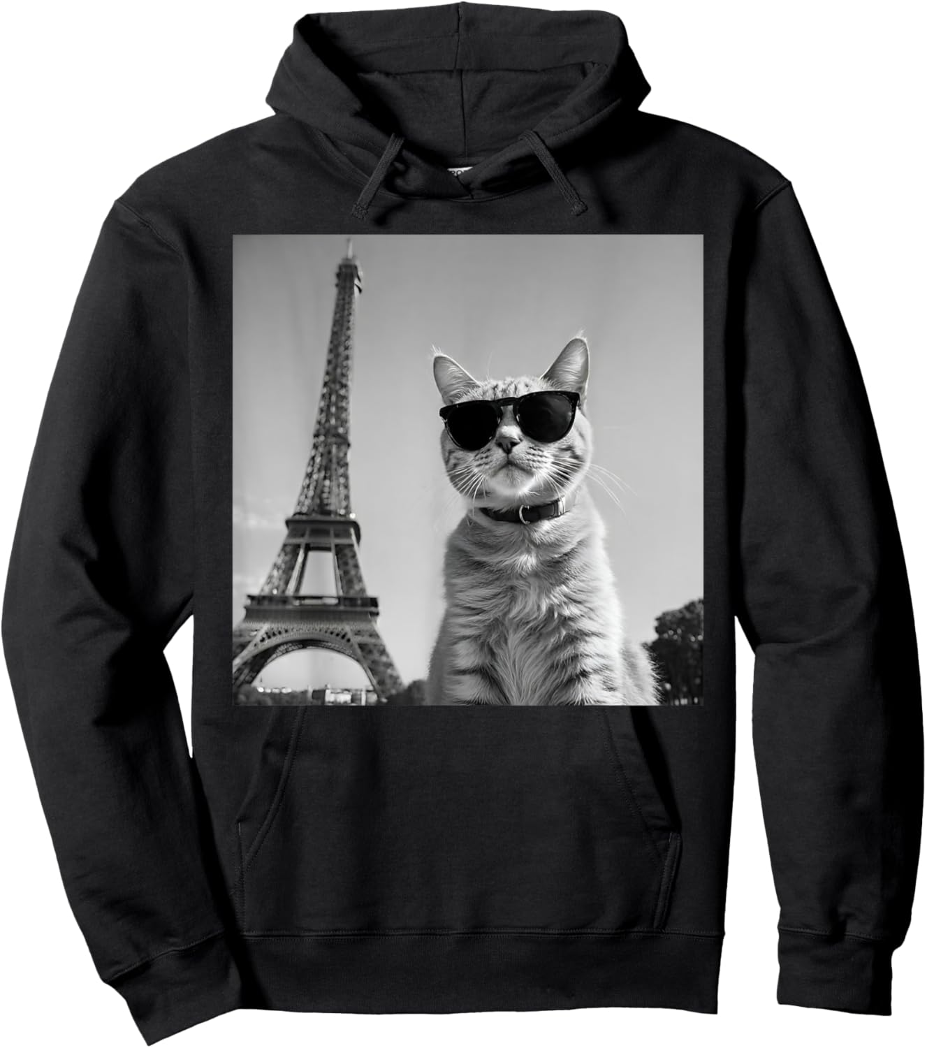 Funny French Cat Wearing Sunglasses And Paris Eiffel Tower Hoodie - Hoodie | Black
