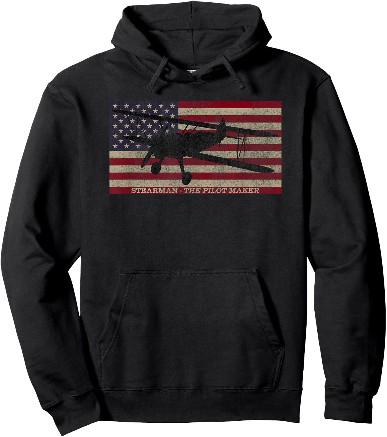 PT-13 Stearman American Biplane Pilot Trainer Vintage Flag Hoodie - Hoodie | Black