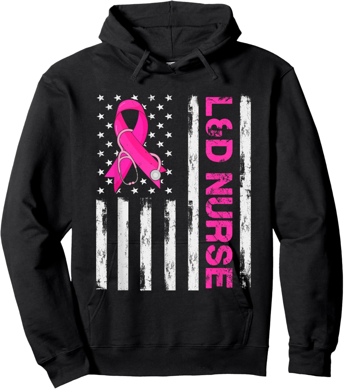 L&D Nurse American Flag Breast Cancer Awareness Pink Ribbon Women Men Hoodie - Hoodie | Black