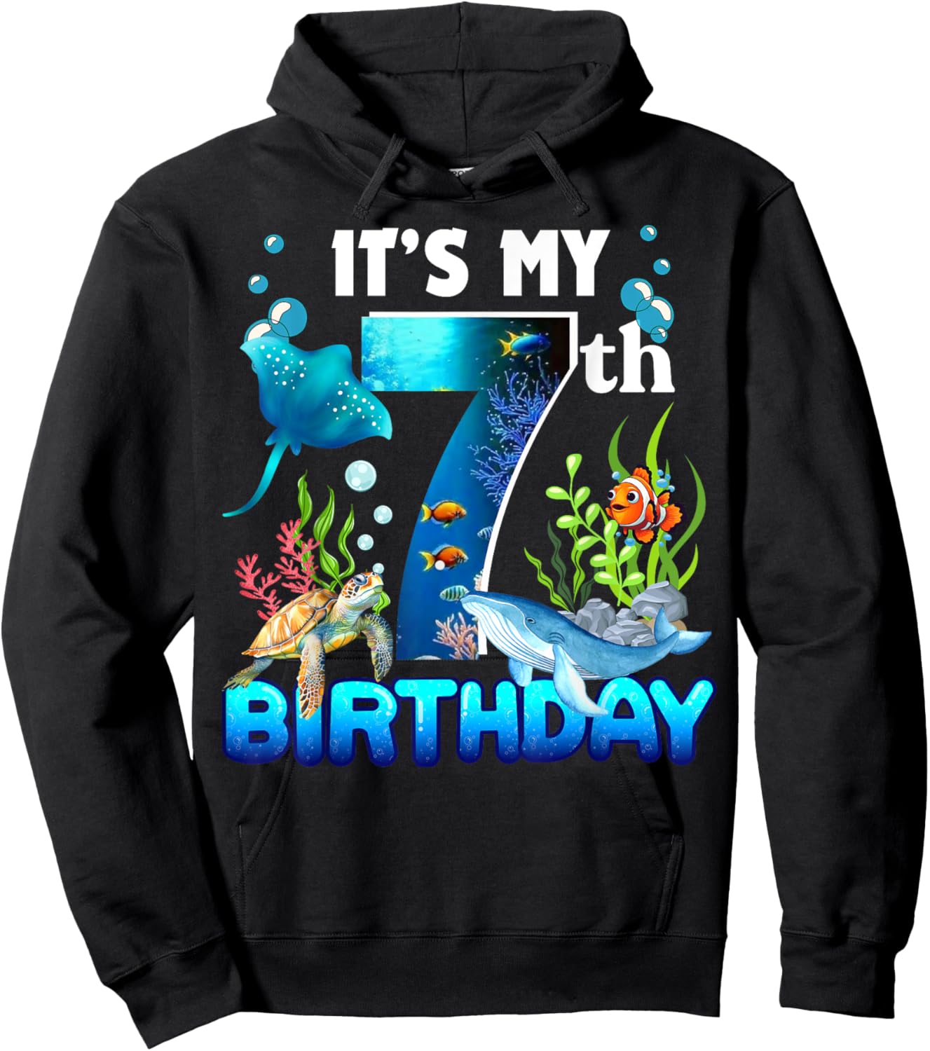 It's My 7th Birthday Party Ocean 7 Years Old Sea Fish B-Day Hoodie - Hoodie | Black