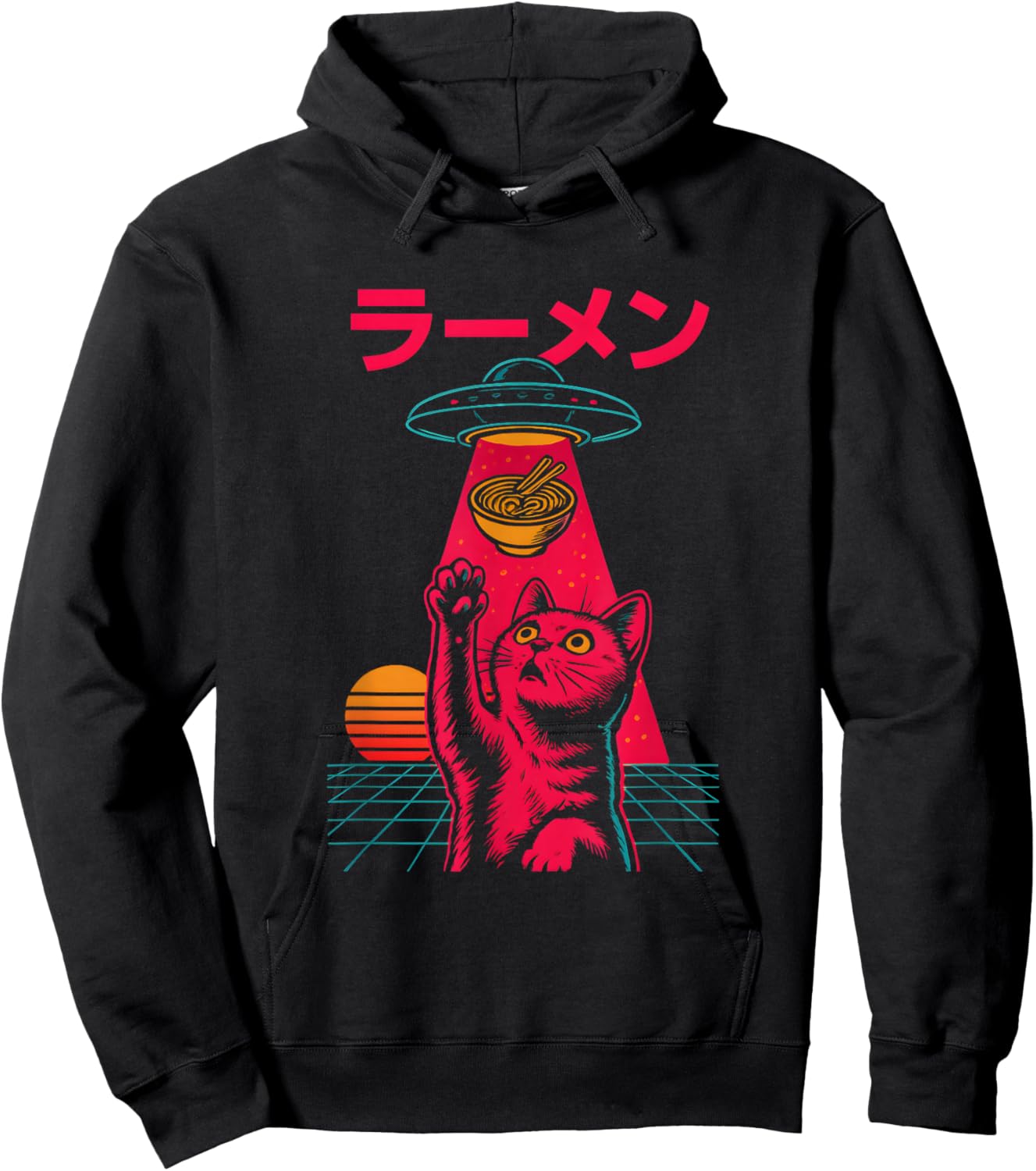 Cat Ramen Alien Abduction Vintage Japanese Retro UFO Graphic Hoodie - Hoodie | Black