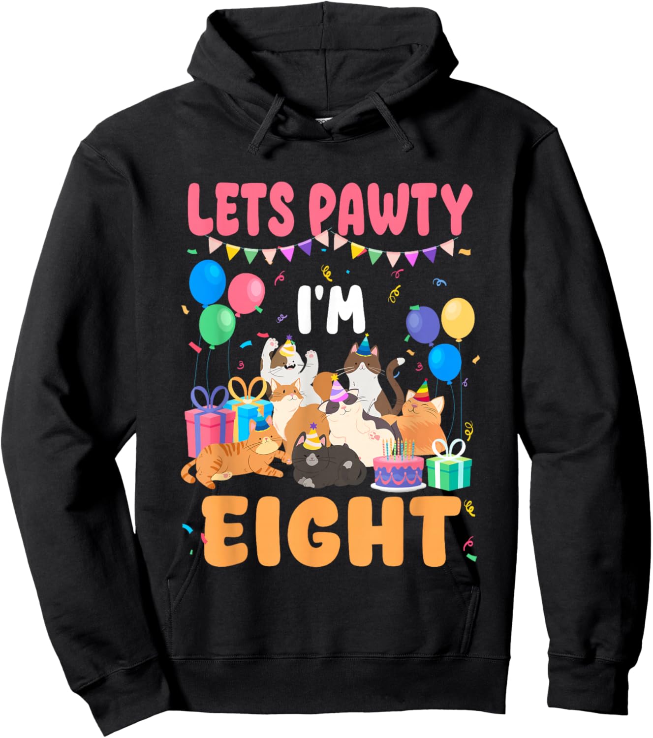 Lets Pawty I'm Eight 8th Birthday Cats Themed Party Hoodie - Hoodie | Black