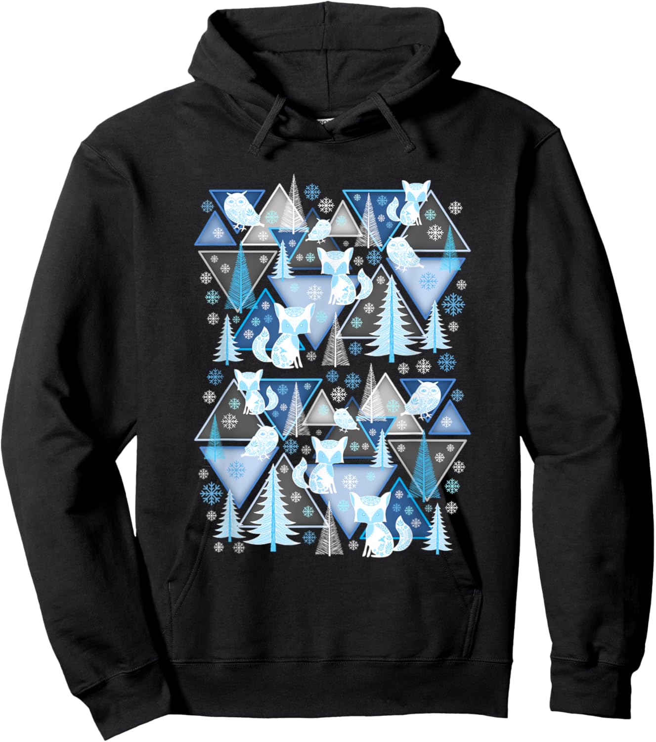 Cute Winter Season Scene Fox Pine Trees Owls Snowflakes Hoodie - Hoodie | Black