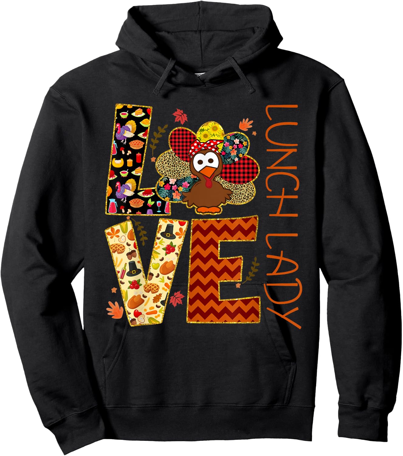 LOVE Turkey Lunch Lady Leopard Funny Thanksgiving Gift Women Hoodie - Hoodie | Black