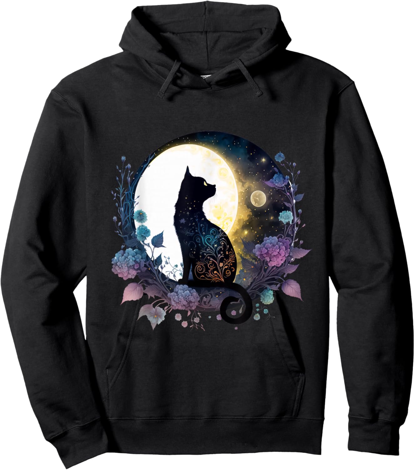 Moonlit Black Cat – Lunar Floral Night Cat Hoodie - Hoodie | Black