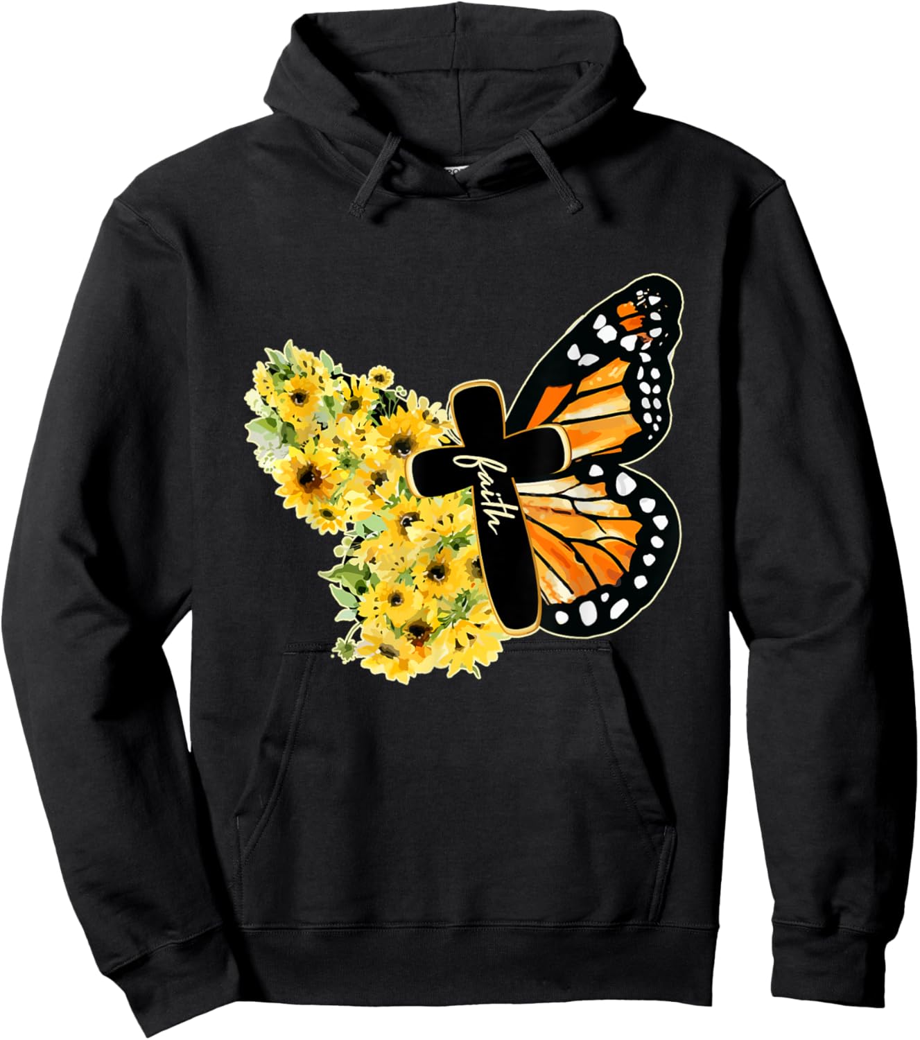 Faith Cross Sunflower Butterfly Christian Vintage Hoodie - Hoodie | Black