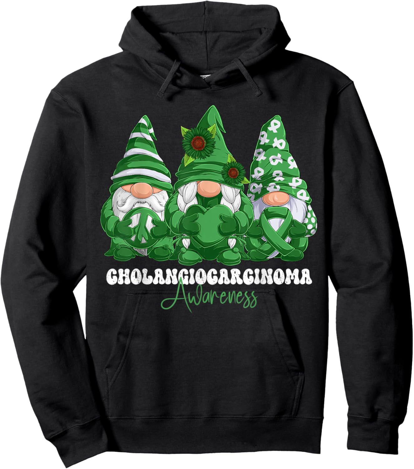 Cholangiocarcinoma Awareness Month Green Ribbon Gnomies Hoodie - Hoodie | Black
