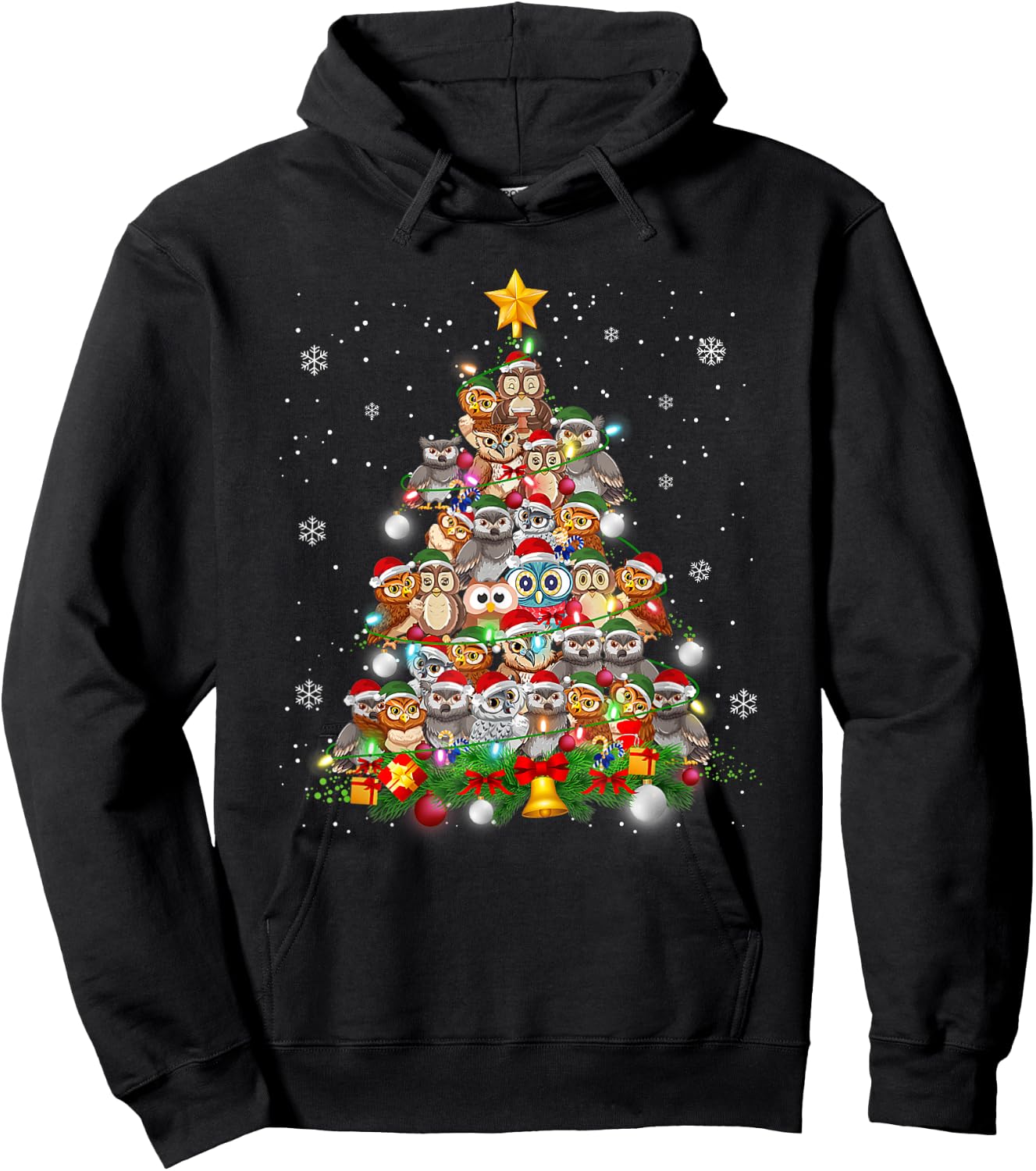 Funny Cute Cute Owls Christmas Tree Xmas Pajamas Gift Hoodie - Hoodie | Black