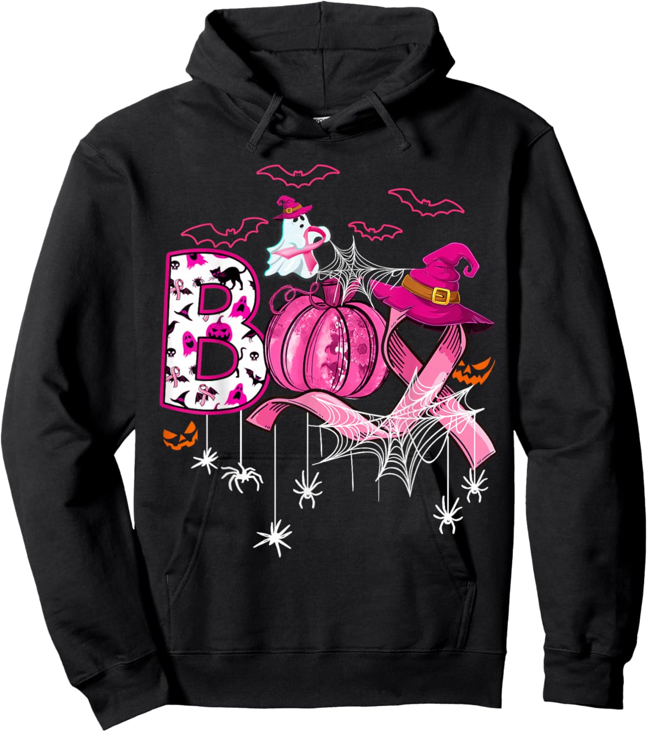 Boo Halloween Pumpkin Pink Ribbon Witch Breast Cancer Hoodie - Hoodie | Black
