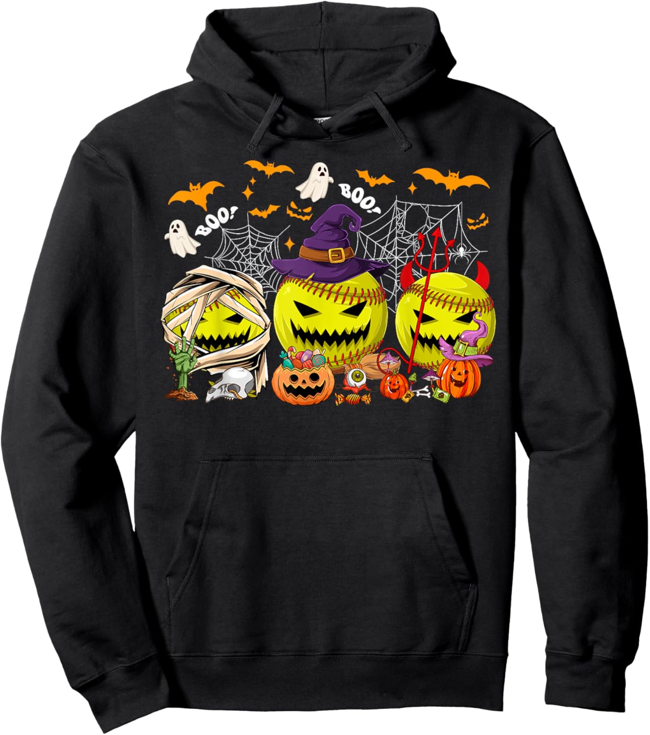 Funny Mummy Witch Devil Softball Balls Happy Halloween Day Hoodie - Hoodie | Black