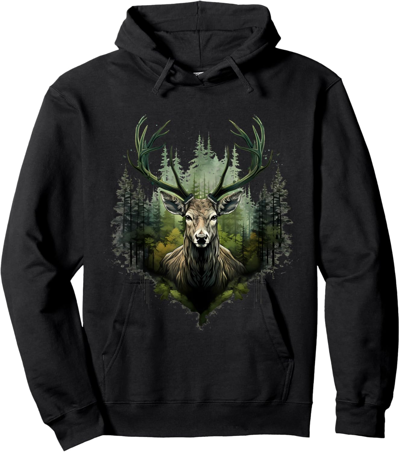 Deer Portrait Forest Motif Artwork Animal Lovers Wildlife Hoodie - Hoodie | Black