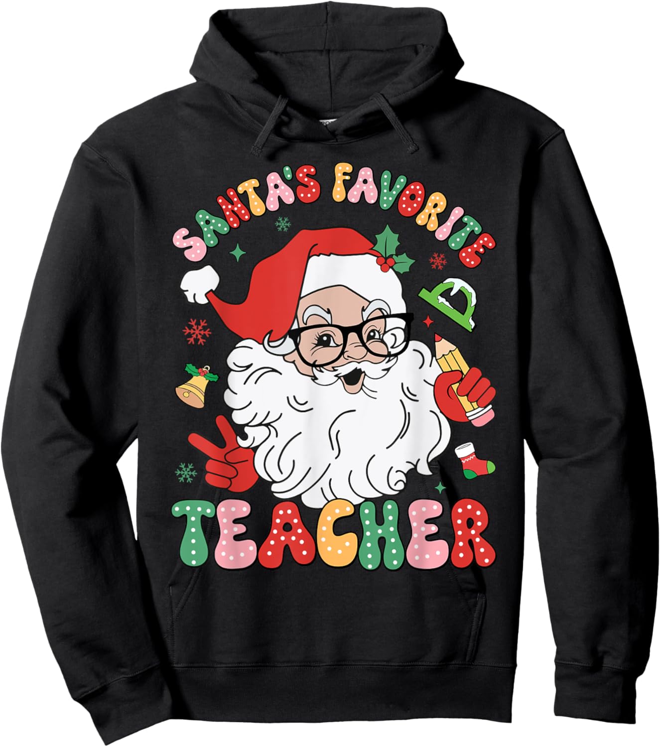 Santa Favorite Teacher Groovy Christmas Teacher Boys Girls Hoodie - Hoodie | Black