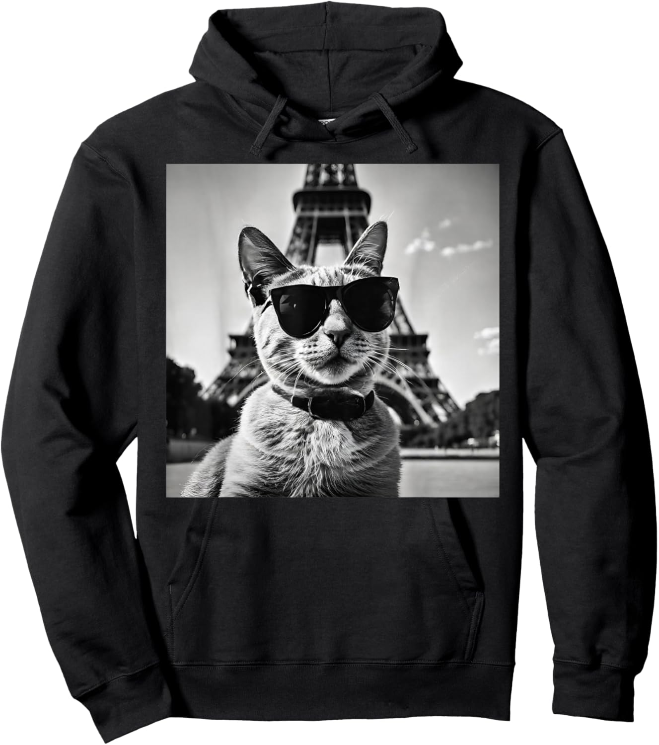 Funny French Cat Wearing Sunglasses and Paris Eiffel Tower Hoodie - Hoodie | Black