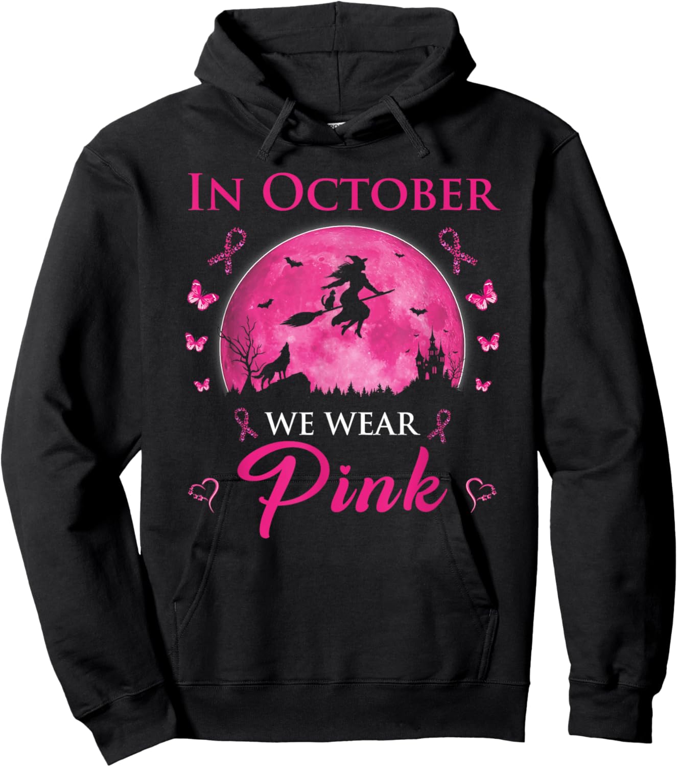 In October We Wear Pink Halloween Witch Breast Cancer Hoodie - Hoodie | Black